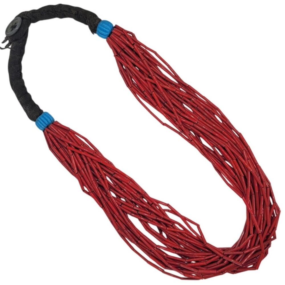 Vintage Tribal Red Beaded Necklace Bold Boho Ethnic Statement Style